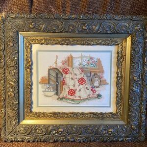 Antique Vintage Beautiful Ornate Framed Hand Cross Stitch Signed